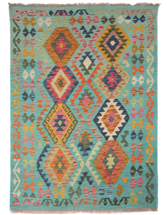 Türkiser Kelim Teppich mit bunten Rautenmedaillons, 179 × 128 cm, KT-29345 – Gesamtansicht