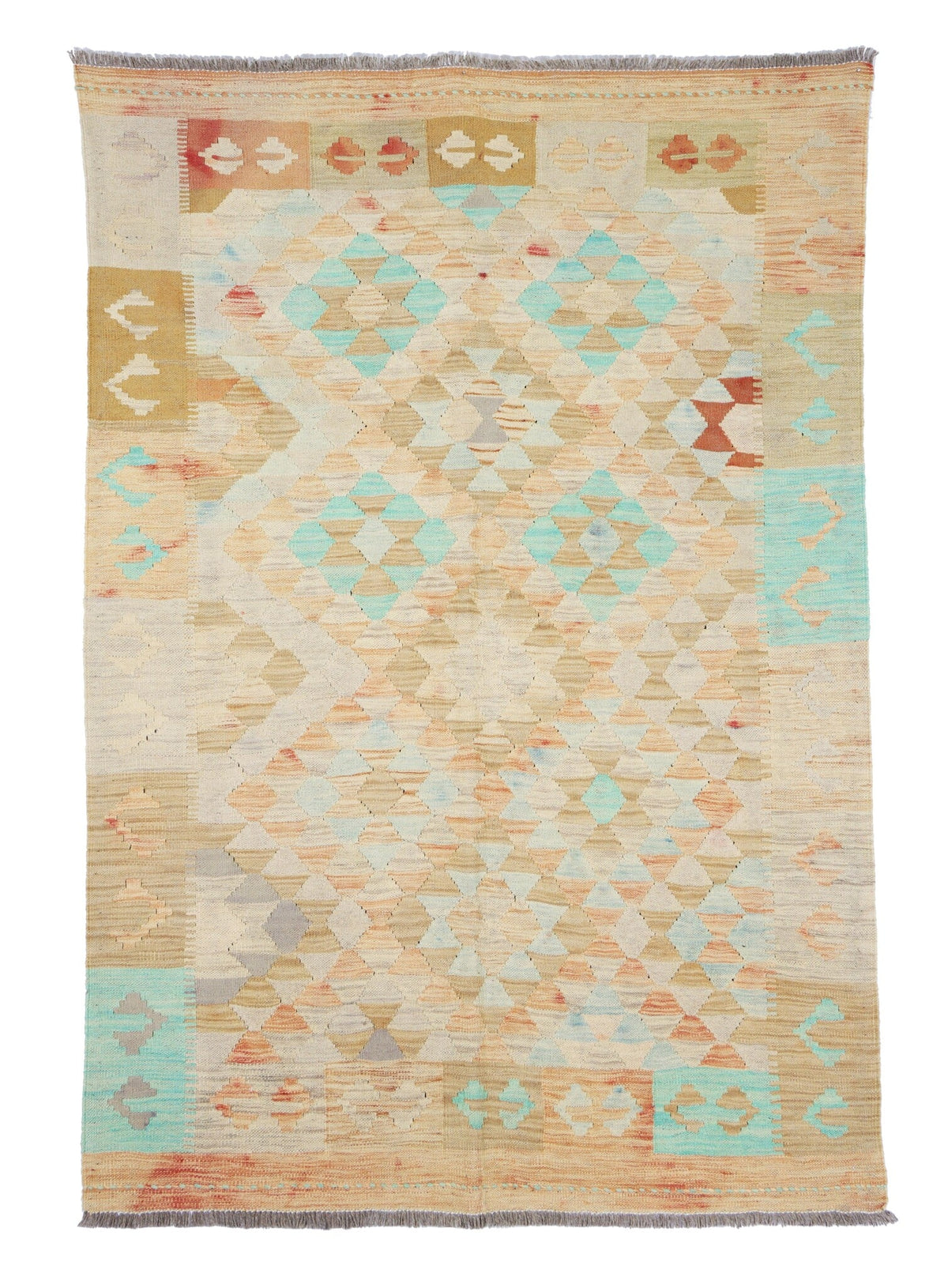 Heller Kelim Teppich mit pastellfarbenen Rauten, 180 × 122 cm, KT-30554 – Gesamtansicht