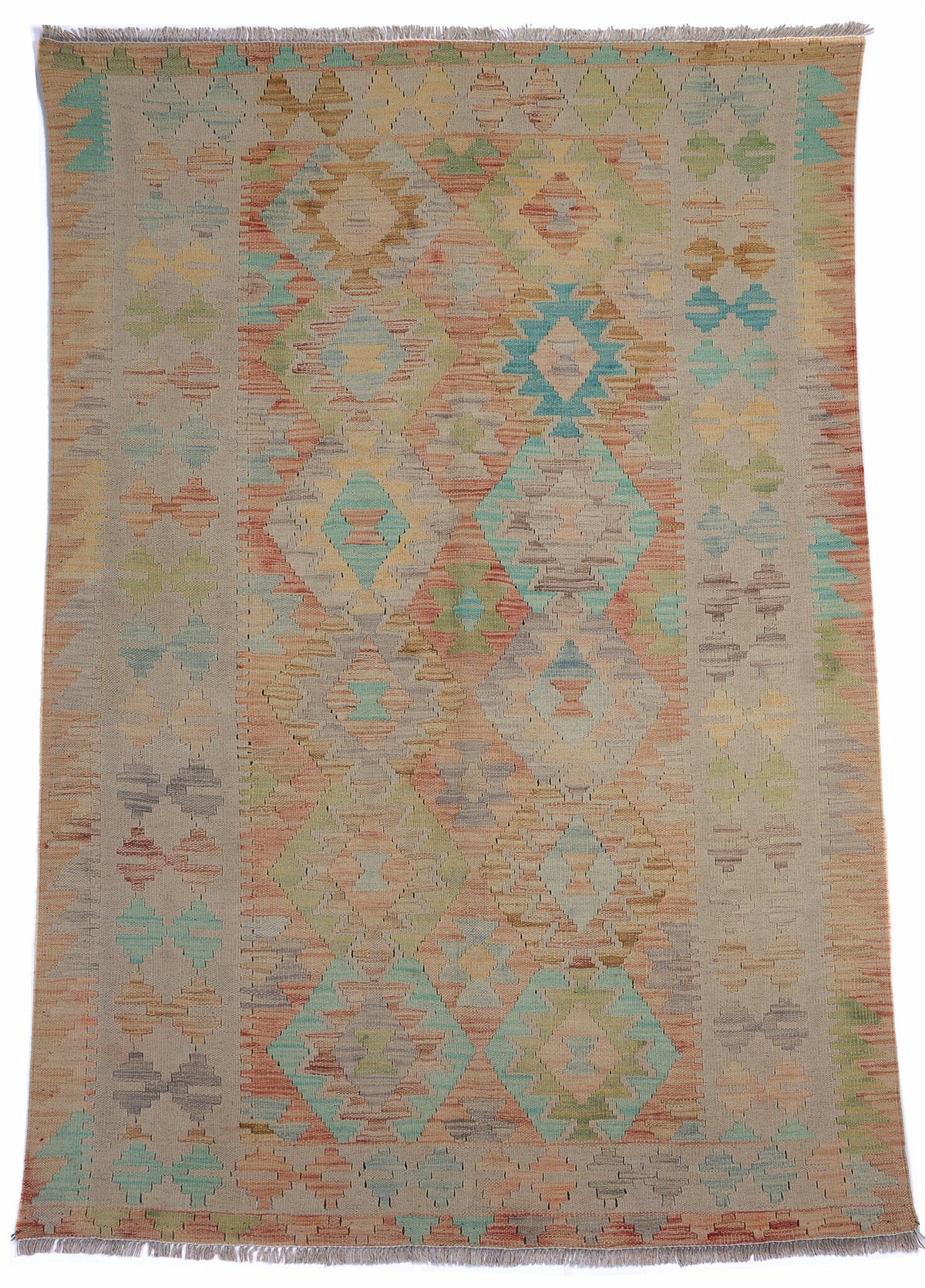Natural Tone Kilim Rug with Turquoise Accents, 182 × 155 cm — full view