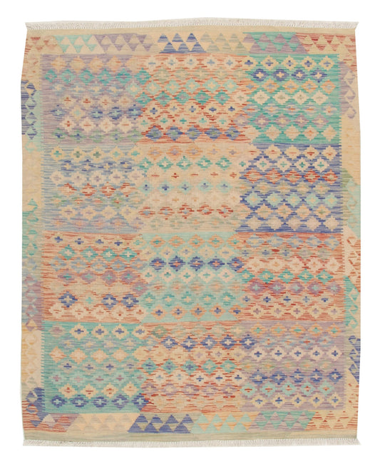 Bunter Kelim Teppich mit kleinteiligen Musterfeldern, 191 × 160 cm, KT-13765 – Gesamtansicht
