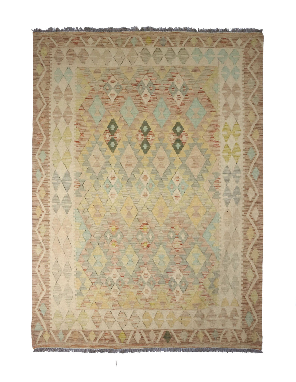 Kelim Teppich in gedeckten Naturtönen mit feinen Rauten, 192 × 142 cm, KT-28596 – Gesamtansicht