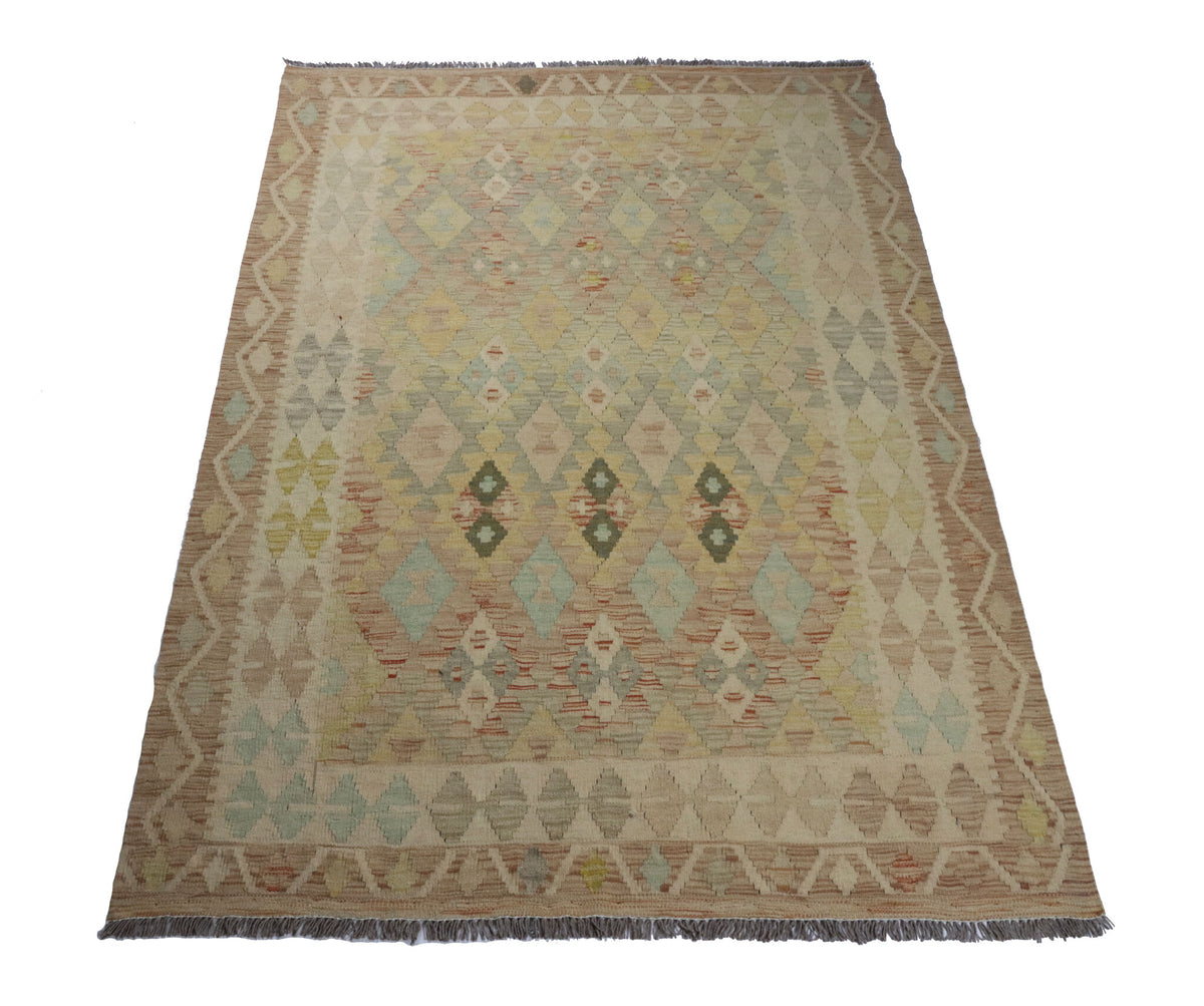 Kelim Teppich in gedeckten Naturtönen mit feinen Rauten, 192 × 142 cm, KT-28596 – Ansicht 2