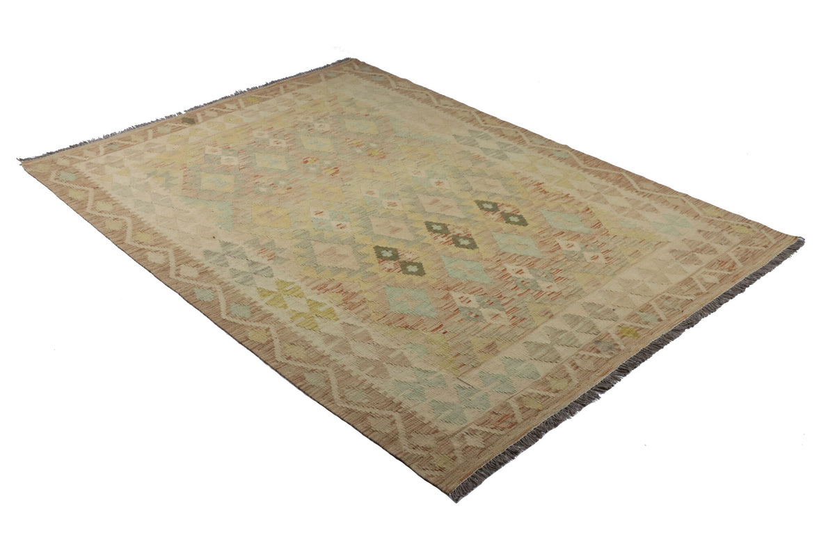 Kelim Teppich in gedeckten Naturtönen mit feinen Rauten, 192 × 142 cm, KT-28596 – Ansicht 3