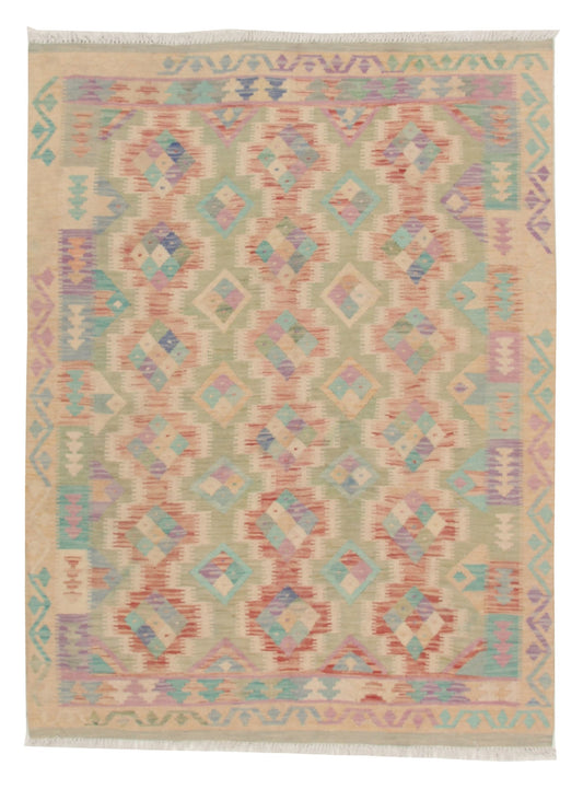 Pastell Kelim Teppich mit feinem geometrischem Muster, 192 × 153 cm, KT-13778 – Gesamtansicht