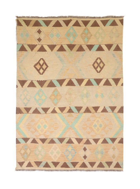 Beiger Kelim Teppich mit Streifen und Dreiecken, 195 × 150 cm, KT-28959 – Gesamtansicht