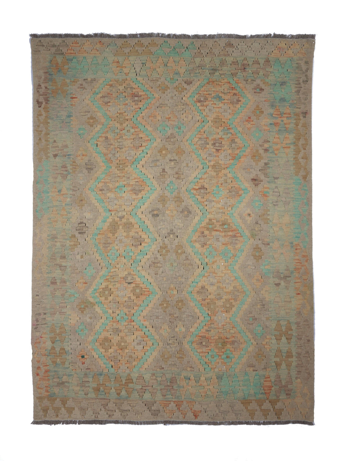 Dezenter Kelim Teppich in Grün und Naturtönen, 196 × 145 cm, KT-28979 – Gesamtansicht