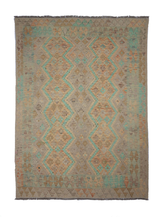 Dezenter Kelim Teppich in Grün und Naturtönen, 196 × 145 cm, KT-28979 – Gesamtansicht