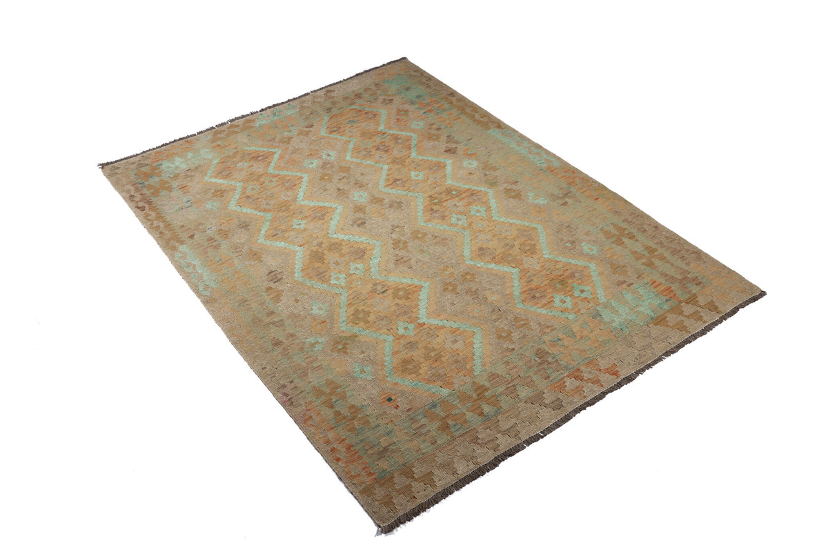 Dezenter Kelim Teppich in Grün und Naturtönen, 196 × 145 cm, KT-28979 – Ansicht 2