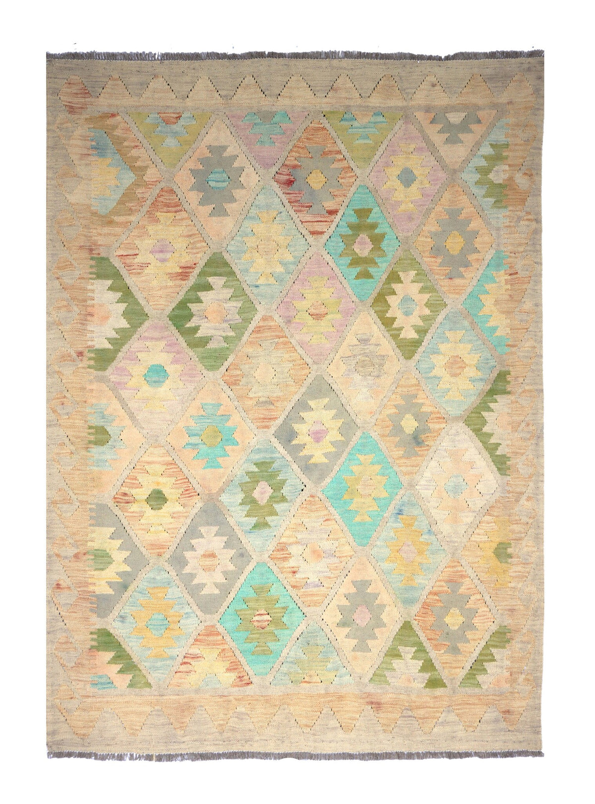 Heller Kelim Teppich mit pastellfarbenen Rauten, 196 × 146 cm, KT-30526 – Gesamtansicht