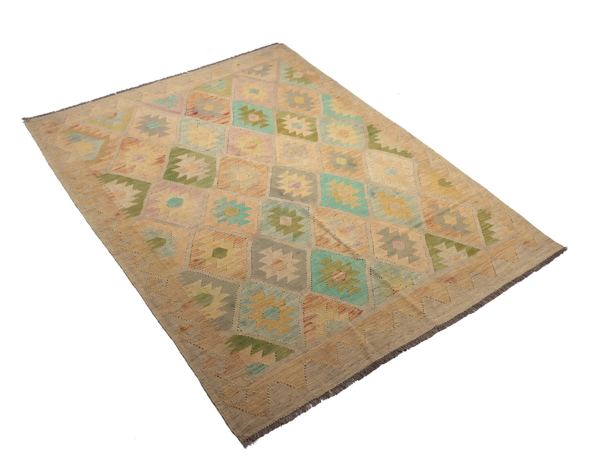 Heller Kelim Teppich mit pastellfarbenen Rauten, 196 × 146 cm, KT-30526 – Ansicht 2
