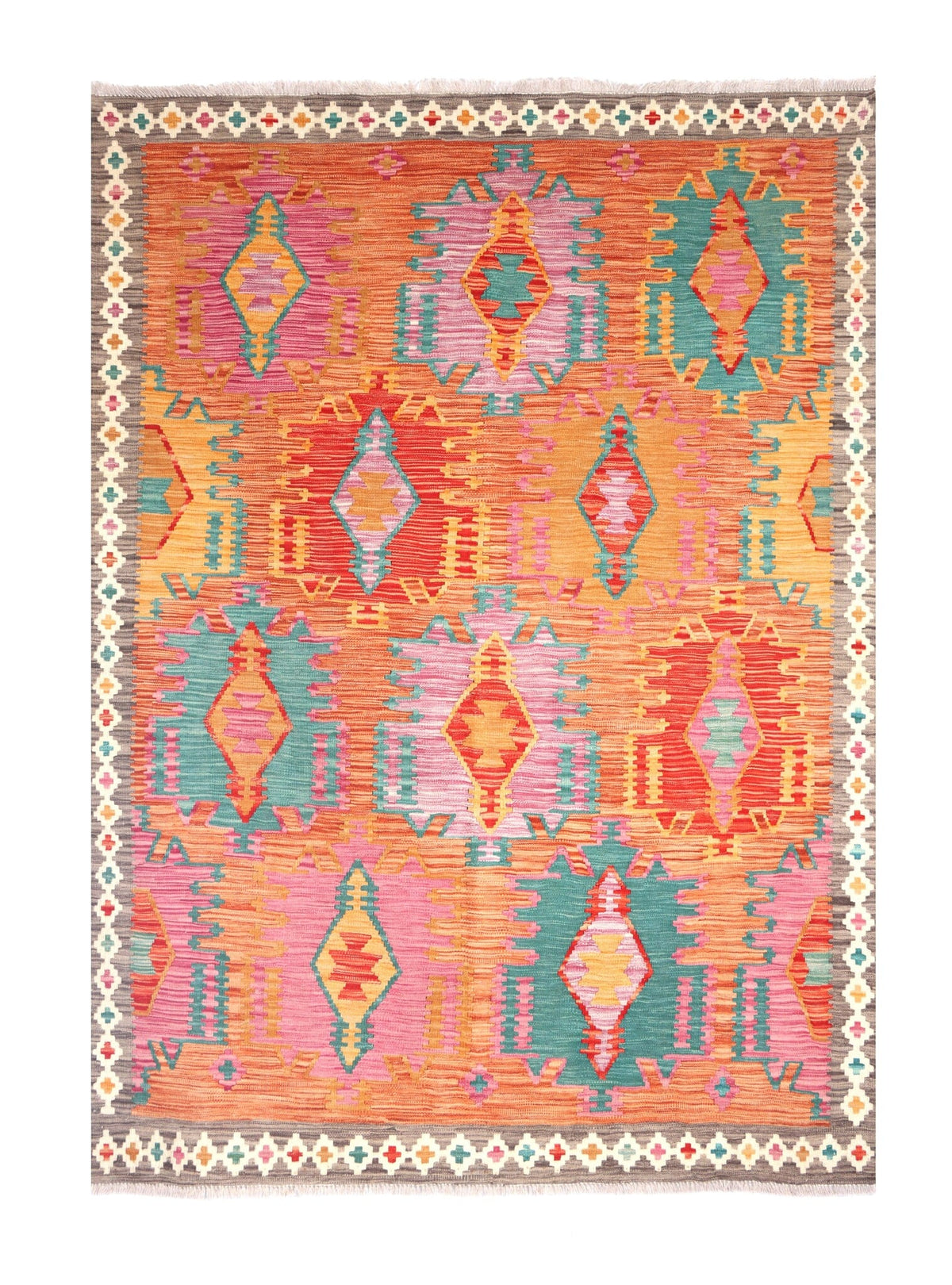 Bunter Kelim Teppich mit länglichen Rautenmedaillons, 196 × 152 cm, KT-30850 – Gesamtansicht