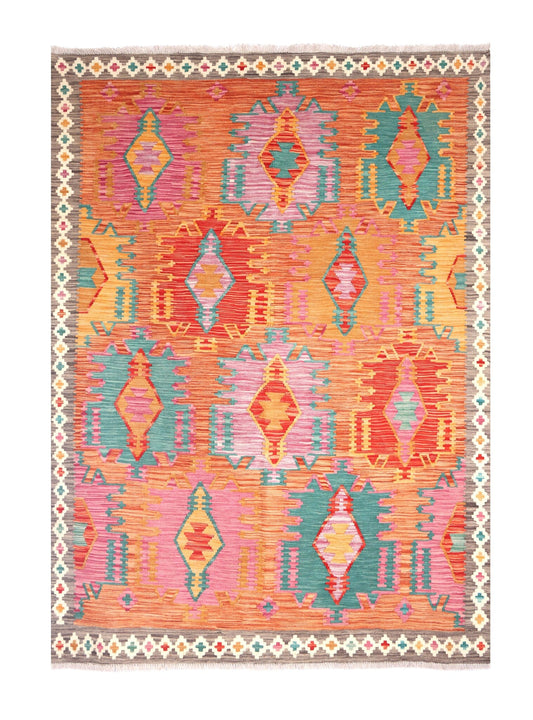 Bunter Kelim Teppich mit länglichen Rautenmedaillons, 196 × 152 cm, KT-30850 – Gesamtansicht