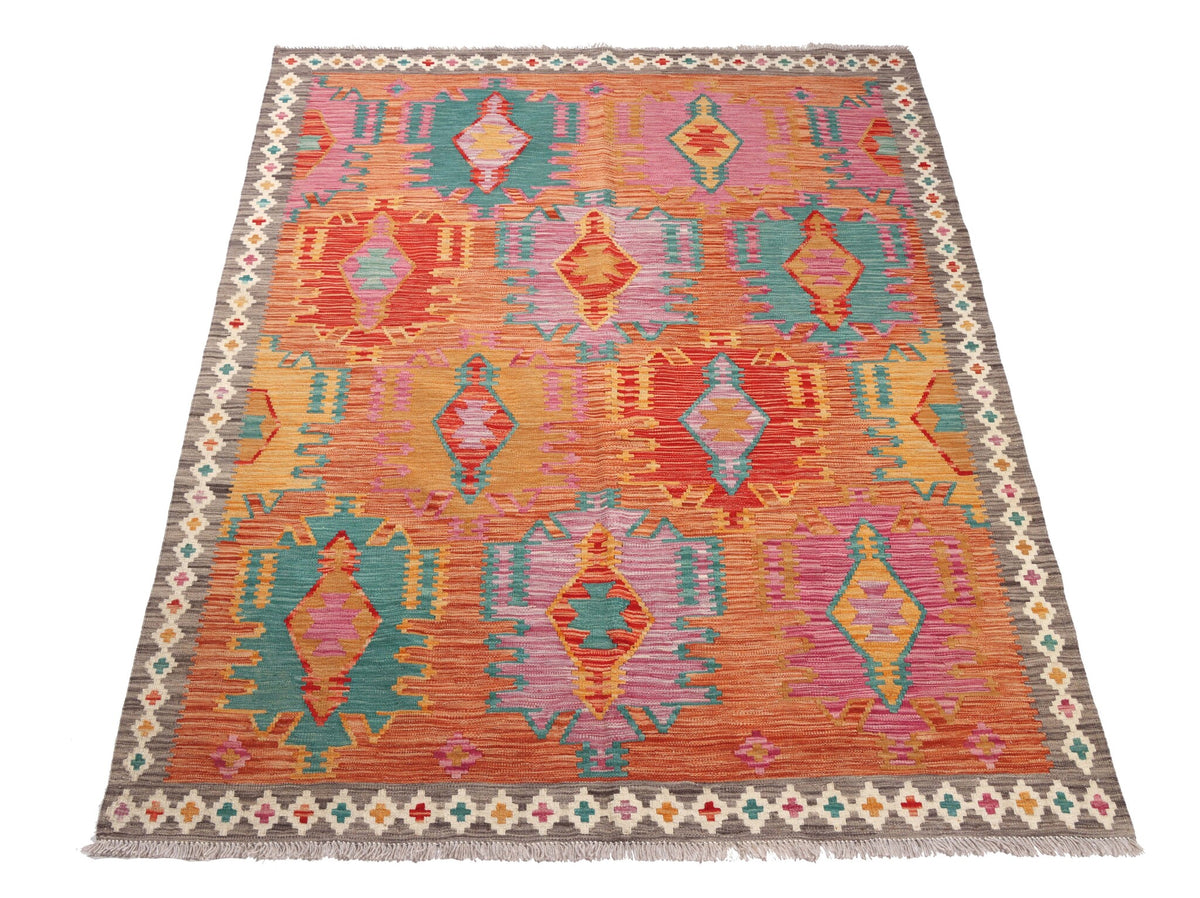Bunter Kelim Teppich mit länglichen Rautenmedaillons, 196 × 152 cm, KT-30850 – Ansicht 2