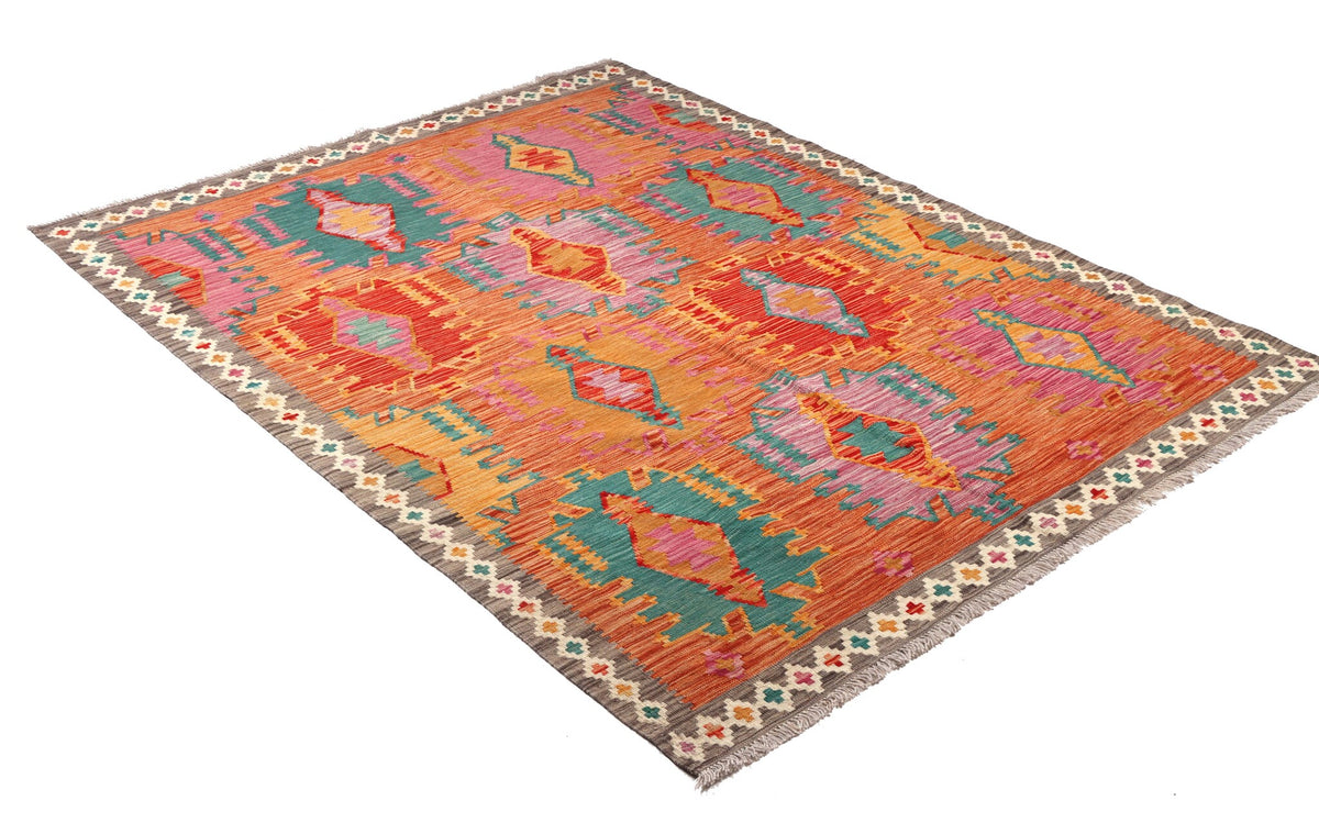 Bunter Kelim Teppich mit länglichen Rautenmedaillons, 196 × 152 cm, KT-30850 – Ansicht 3