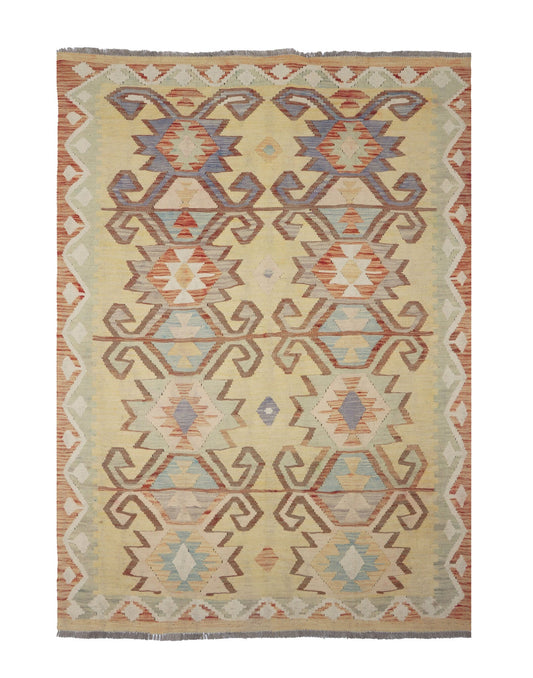 Kelim Teppich mit markanten geometrischen Motiven, 197 × 144 cm, KT-28954 – Gesamtansicht