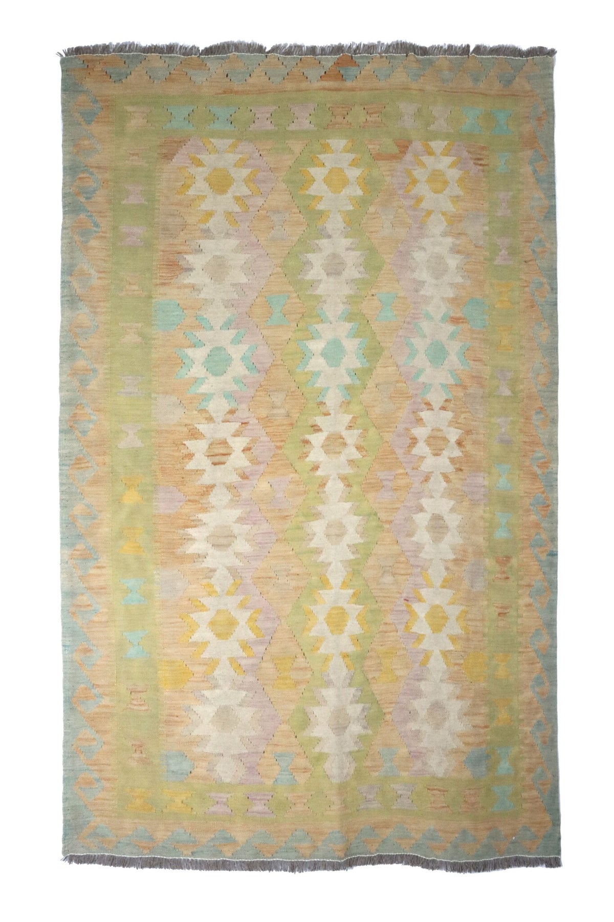 Green Kilim Rug with Light Jagged Diamonds, 198 × 146 cm — full view