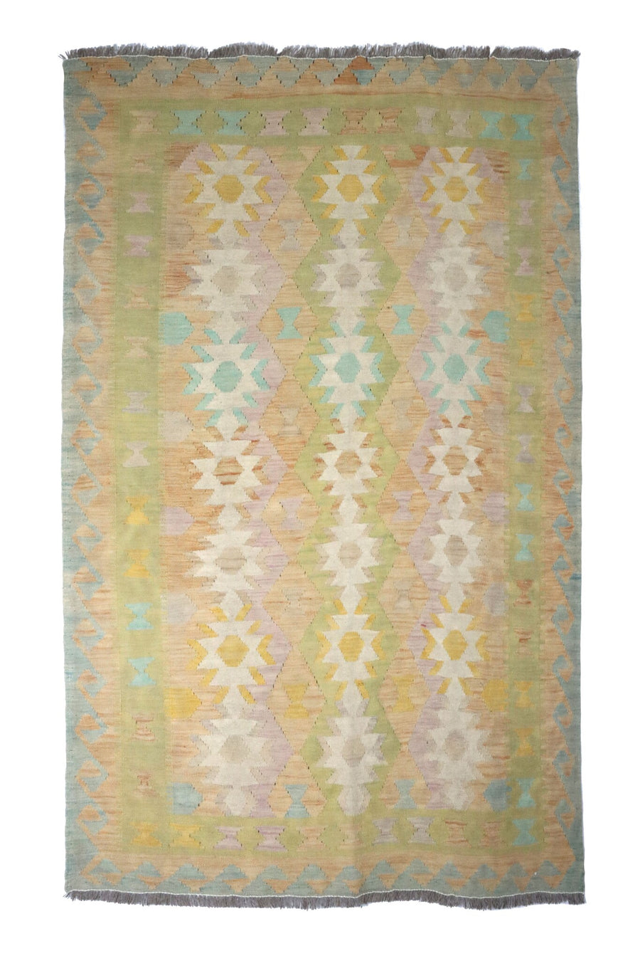Green Kilim Rug with Light Jagged Diamonds, 198 × 146 cm — full view