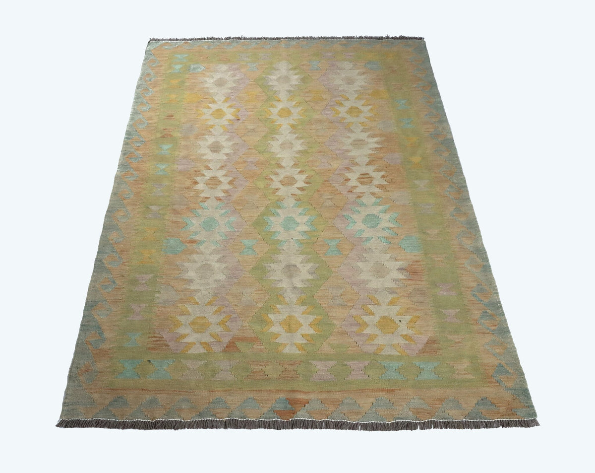 Green Kilim Rug with Light Jagged Diamonds, 198 × 146 cm — view 2