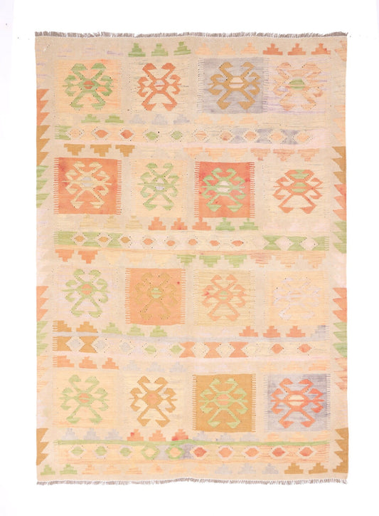 Pastell Kelim Teppich mit geometrischen Musterfeldern, 200 × 145 cm, KT-28976 – Gesamtansicht