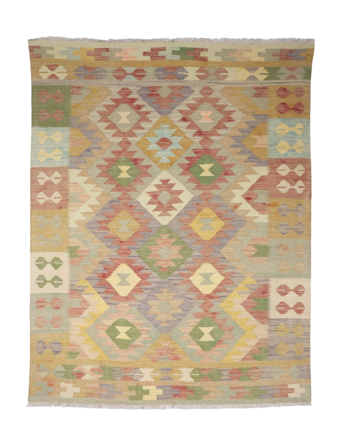 Kelim Teppich in Naturtönen mit Rautenmedaillons, 200 × 147 cm, KT-29785 – Gesamtansicht