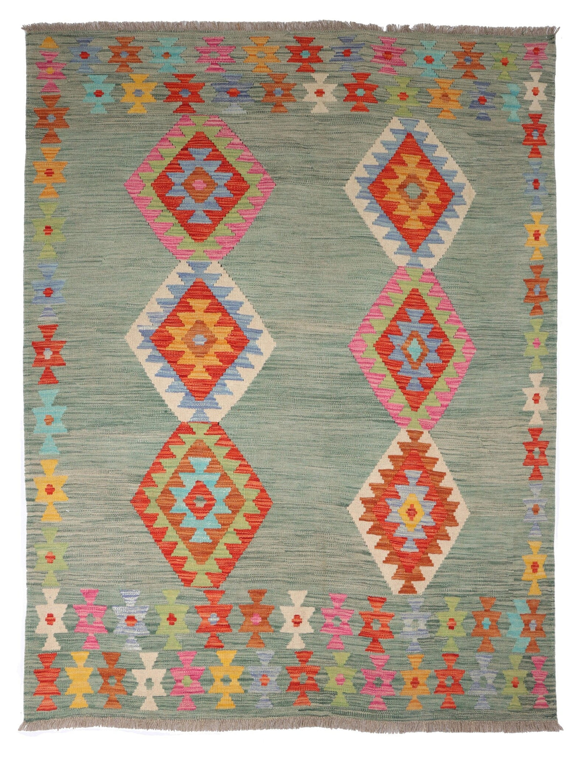 Grüner Kelim Teppich mit roten Rautenmedaillons, 200 × 149 cm, KT-29139 – Gesamtansicht