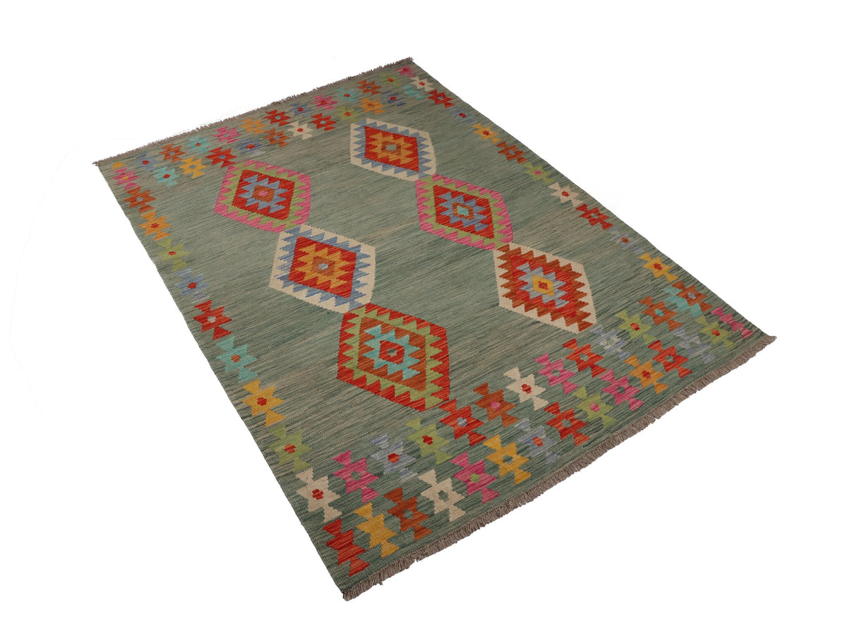 Grüner Kelim Teppich mit roten Rautenmedaillons, 200 × 149 cm, KT-29139 – Ansicht 2