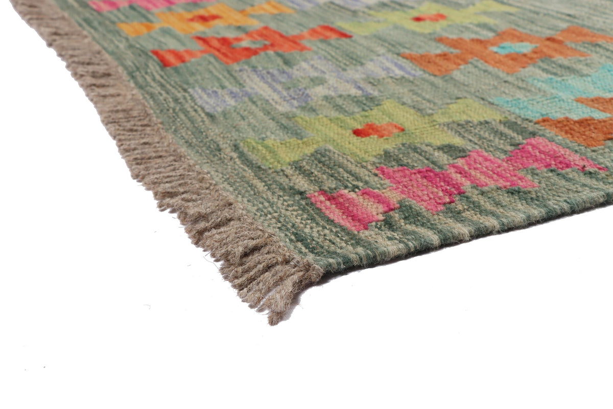 Grüner Kelim Teppich mit roten Rautenmedaillons, 200 × 149 cm, KT-29139 – Ansicht 4
