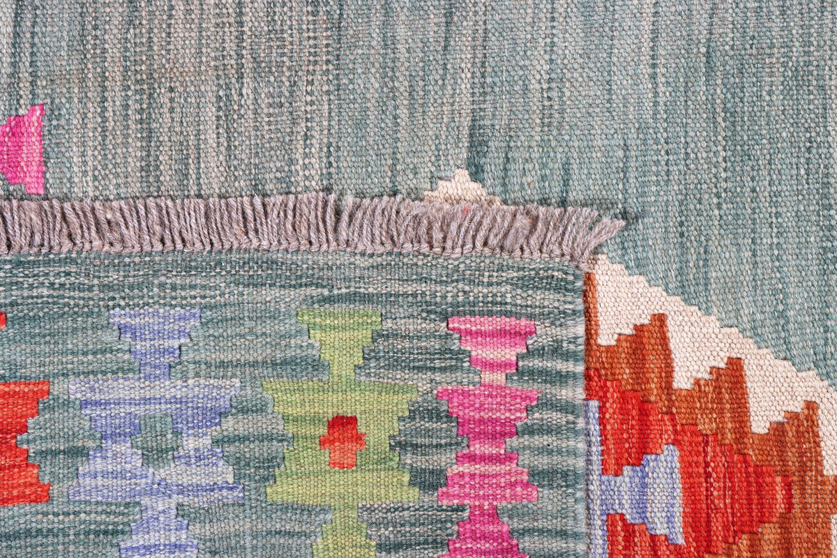 Grüner Kelim Teppich mit roten Rautenmedaillons, 200 × 149 cm, KT-29139 – Ansicht 5