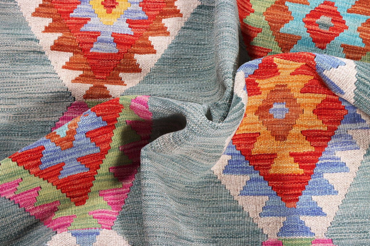 Grüner Kelim Teppich mit roten Rautenmedaillons, 200 × 149 cm, KT-29139 – Ansicht 6