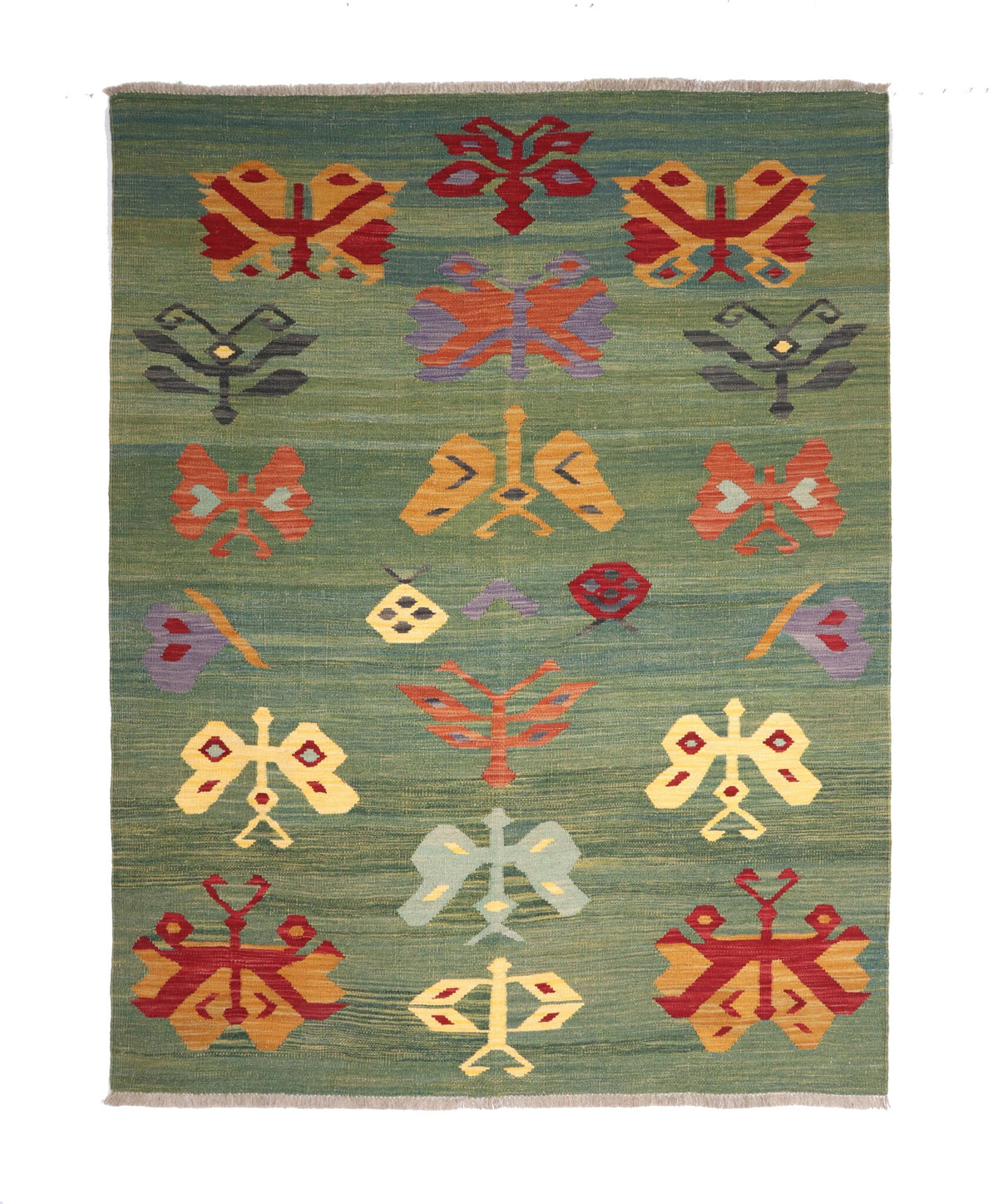 Grüner Kelim Teppich mit bunten geometrischen Motiven, 201 × 150 cm, KT-29802 – Gesamtansicht