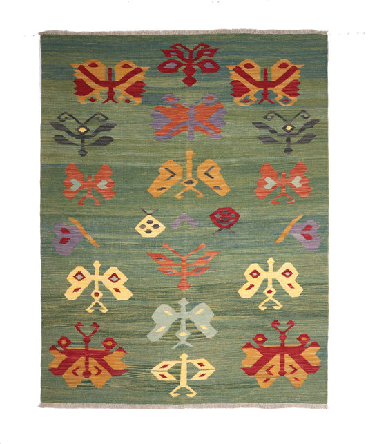 Grüner Kelim Teppich mit bunten geometrischen Motiven, 201 × 150 cm, KT-29802 – Gesamtansicht