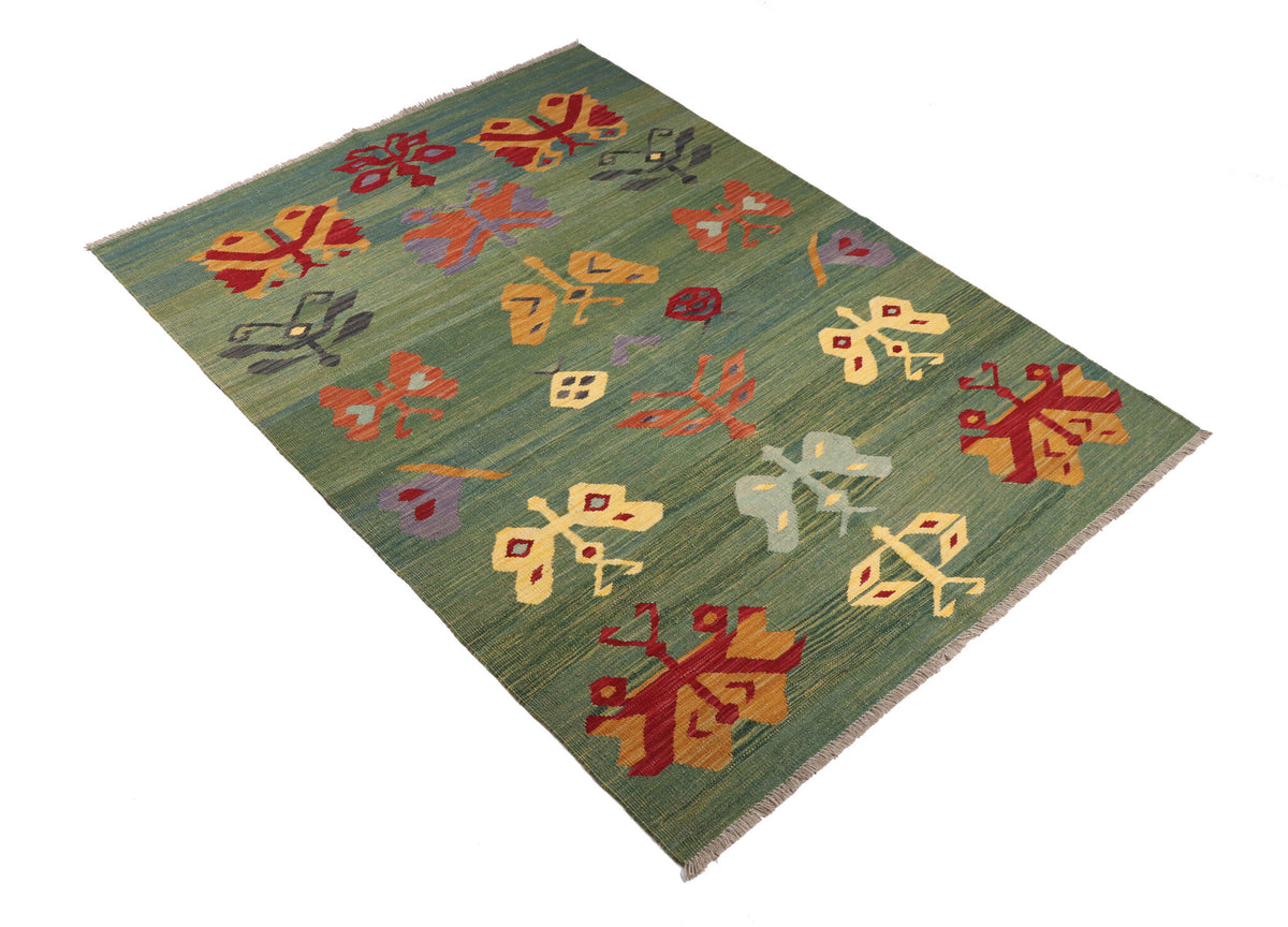 Grüner Kelim Teppich mit bunten geometrischen Motiven, 201 × 150 cm, KT-29802 – Ansicht 2