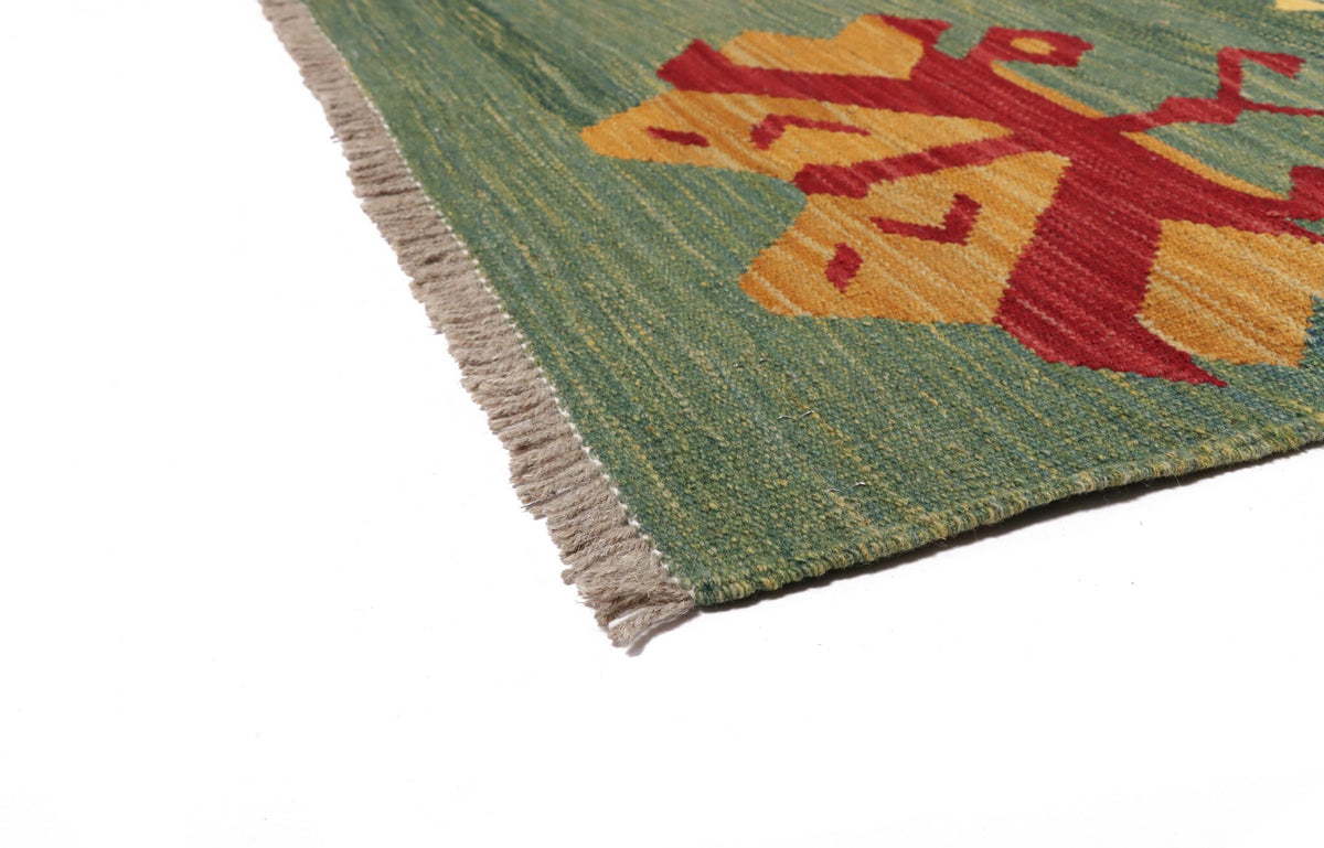 Grüner Kelim Teppich mit bunten geometrischen Motiven, 201 × 150 cm, KT-29802 – Ansicht 3