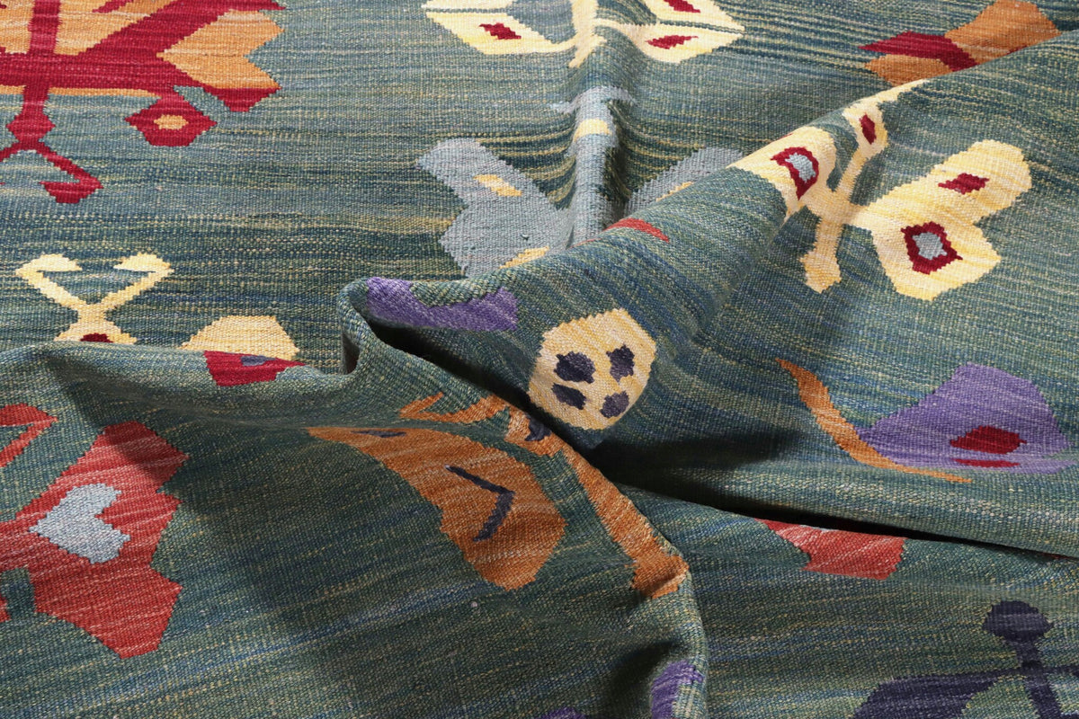 Grüner Kelim Teppich mit bunten geometrischen Motiven, 201 × 150 cm, KT-29802 – Ansicht 5