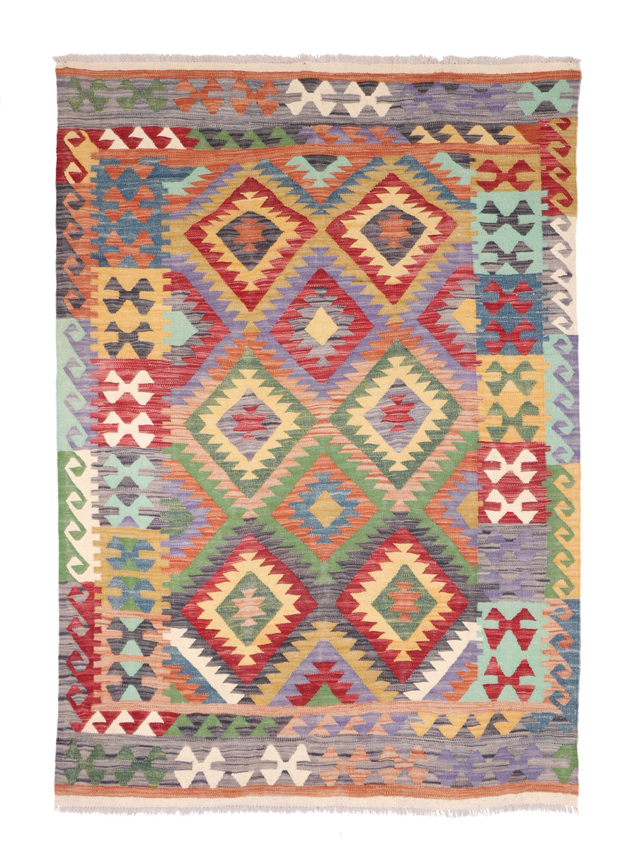 Colorful Large Diamond Kilim Rug, 203 × 147 cm — full view