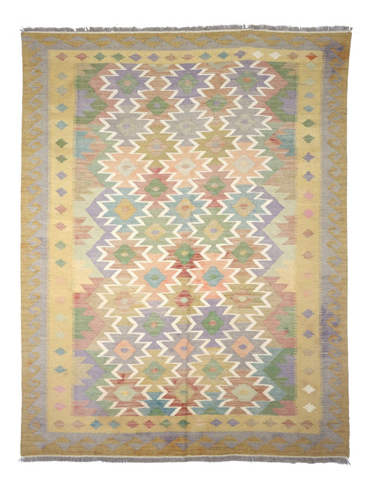Kelim Teppich mit gezackten Medaillons in Pastelltönen, 204 × 153 cm, KT-29782 – Gesamtansicht