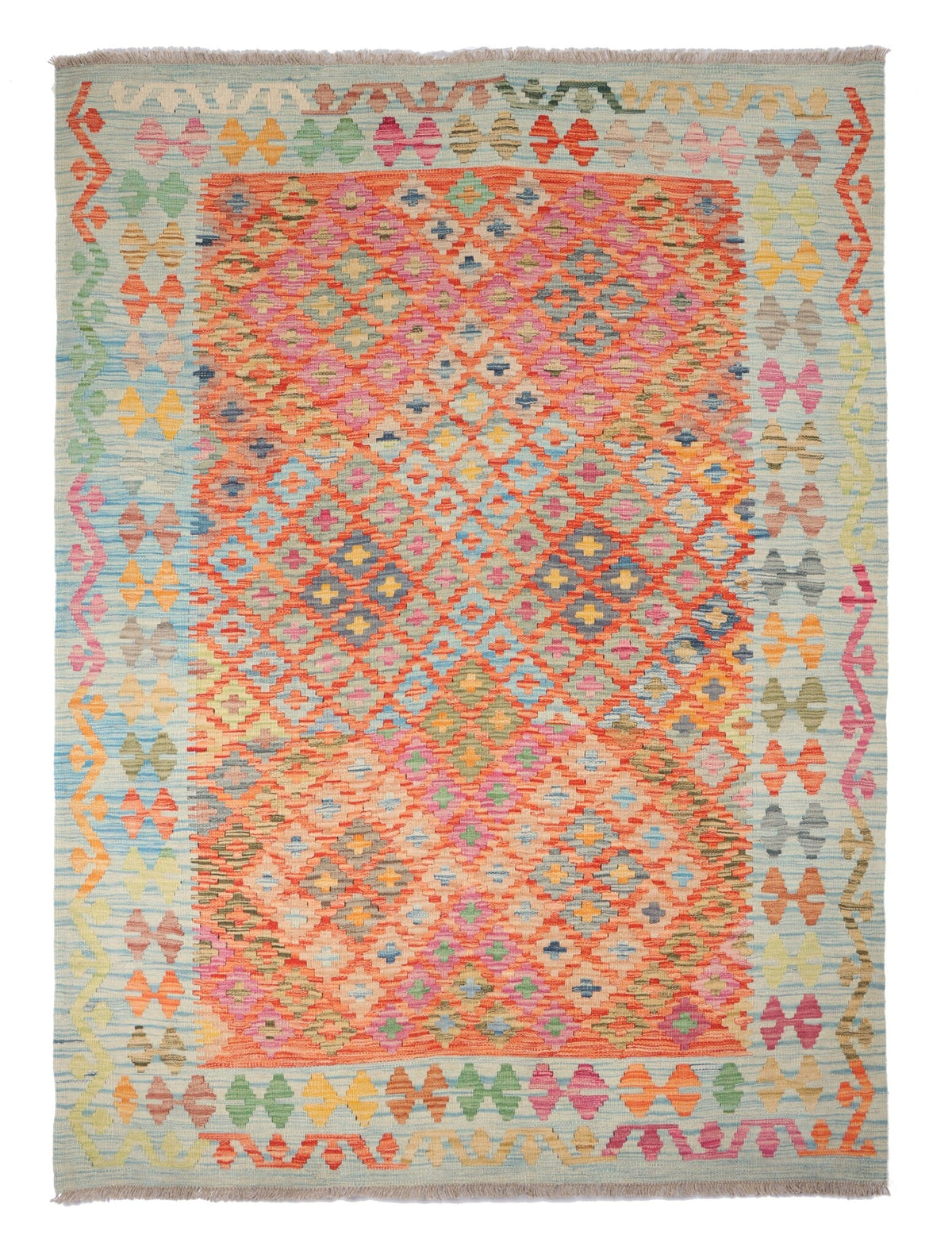 Red Fine Diamond Grid Kilim Rug, 206 × 154 cm — full view