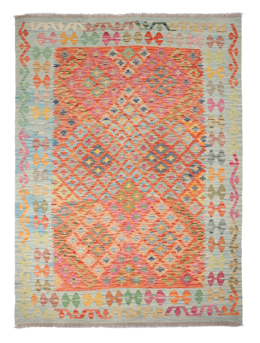 Roter Kelim Teppich mit feinem Rautengitter, 206 × 154 cm, KT-29146 – Gesamtansicht
