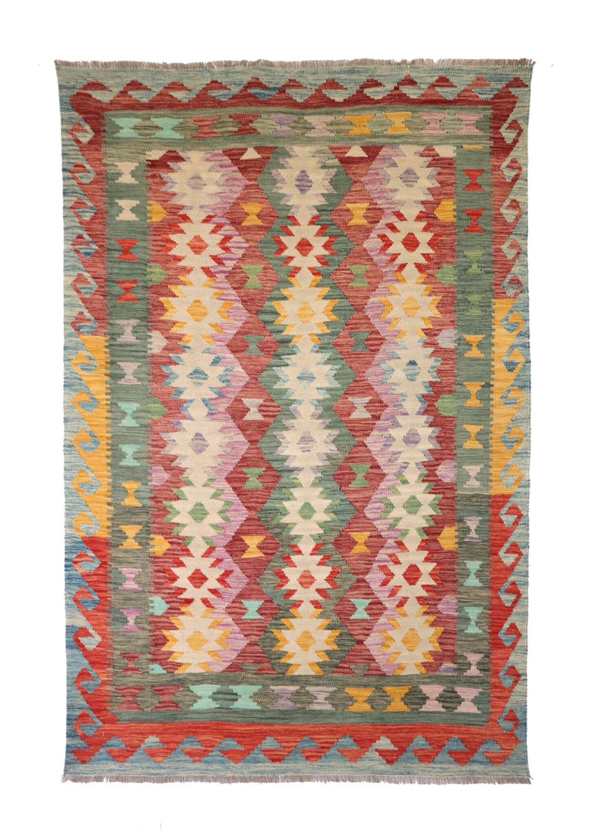 Red and Green Diamond Row Kilim Rug, 210 × 147 cm — full view