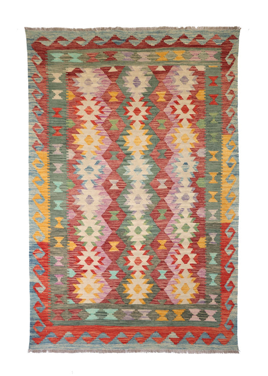 Kelim Teppich in Rot und Grün mit Rautenreihen, 210 × 147 cm, KT-28461 – Gesamtansicht