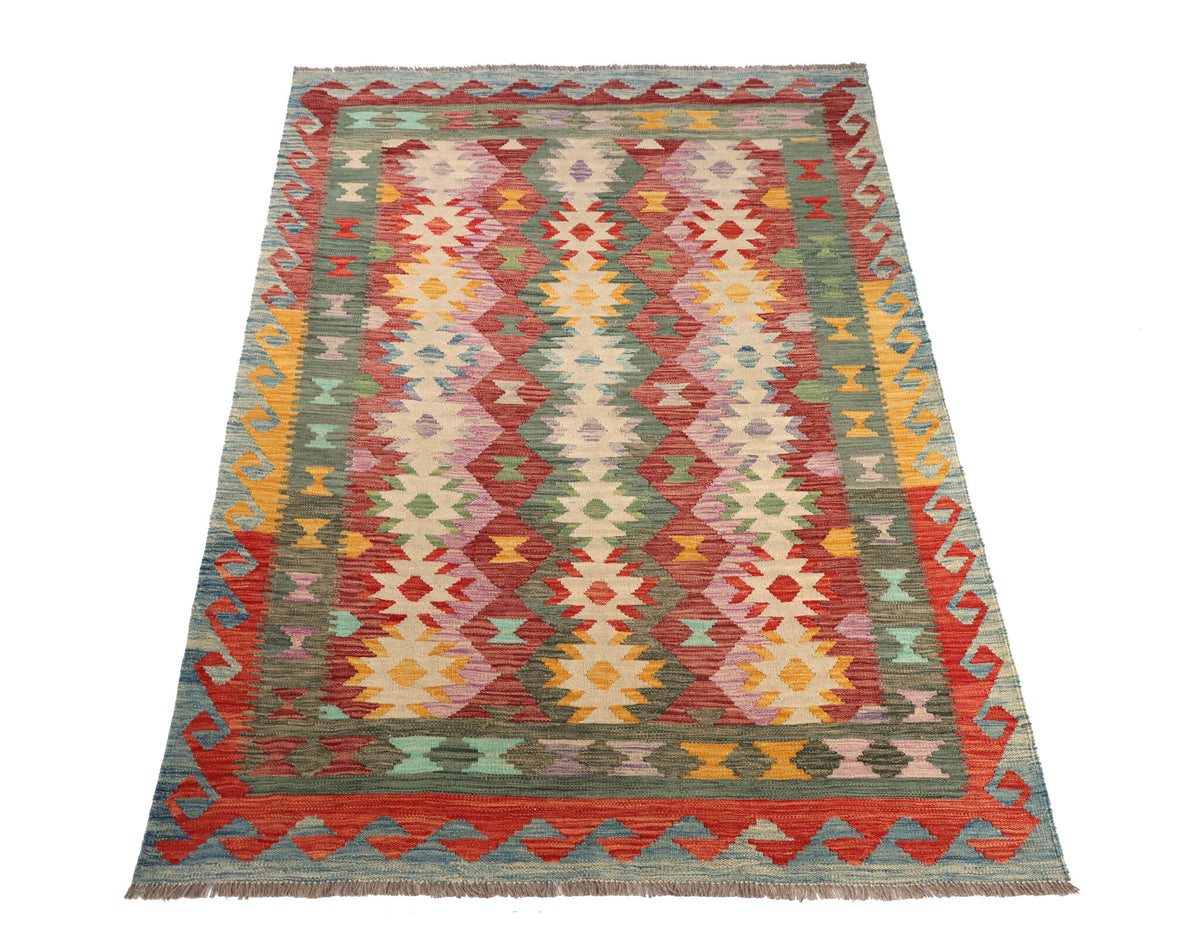 Red and Green Diamond Row Kilim Rug, 210 × 147 cm — view 2