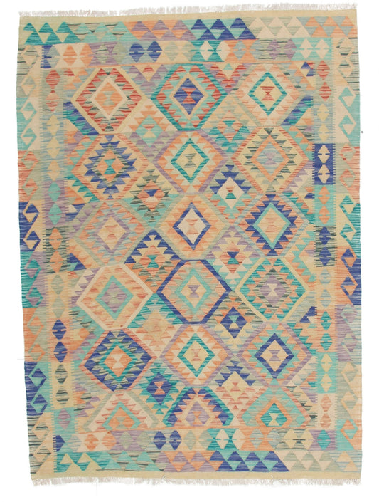Kelim Teppich in Türkis und Naturtönen mit Rauten, 210 × 152 cm, KT-13802 – Gesamtansicht