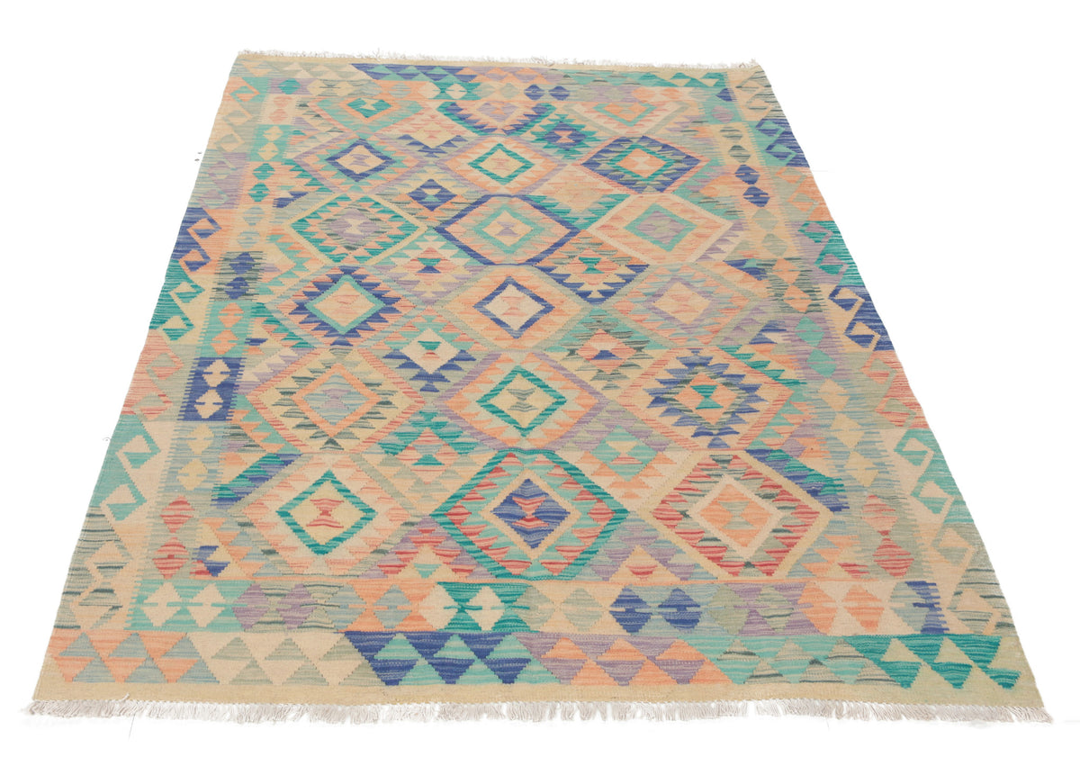 Turquoise and Natural Tone Diamond Kilim Rug, 210 × 152 cm — view 2