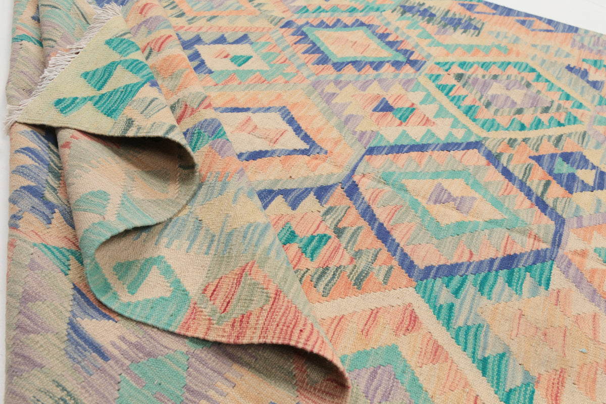Turquoise and Natural Tone Diamond Kilim Rug, 210 × 152 cm — view 5