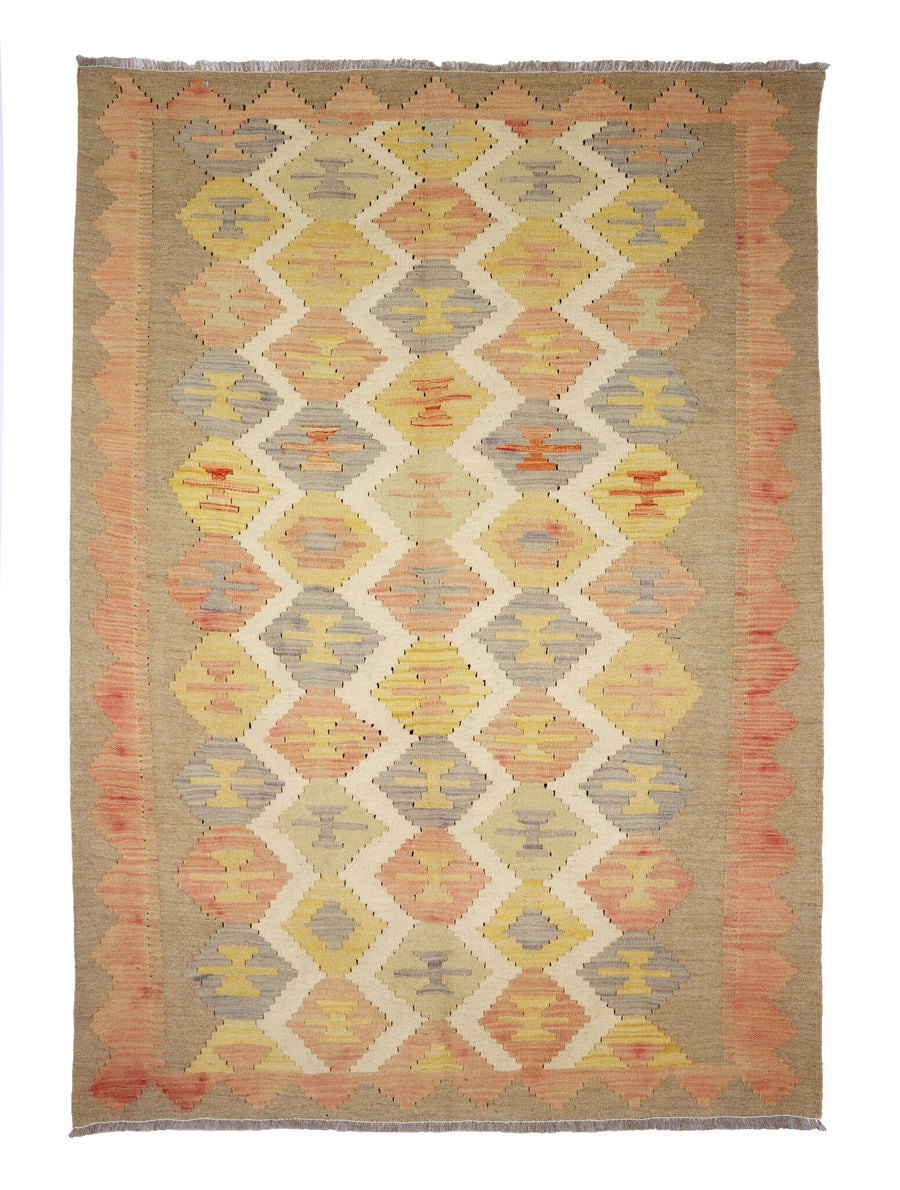 Yellow and Pink Diamond Grid Kilim Rug, 213 × 139 cm — full view