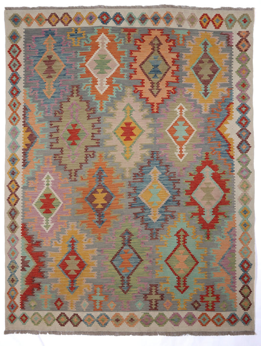 Kelim Teppich mit bunten Rautenmedaillons, 240 × 195 cm, KT-30958 – Gesamtansicht