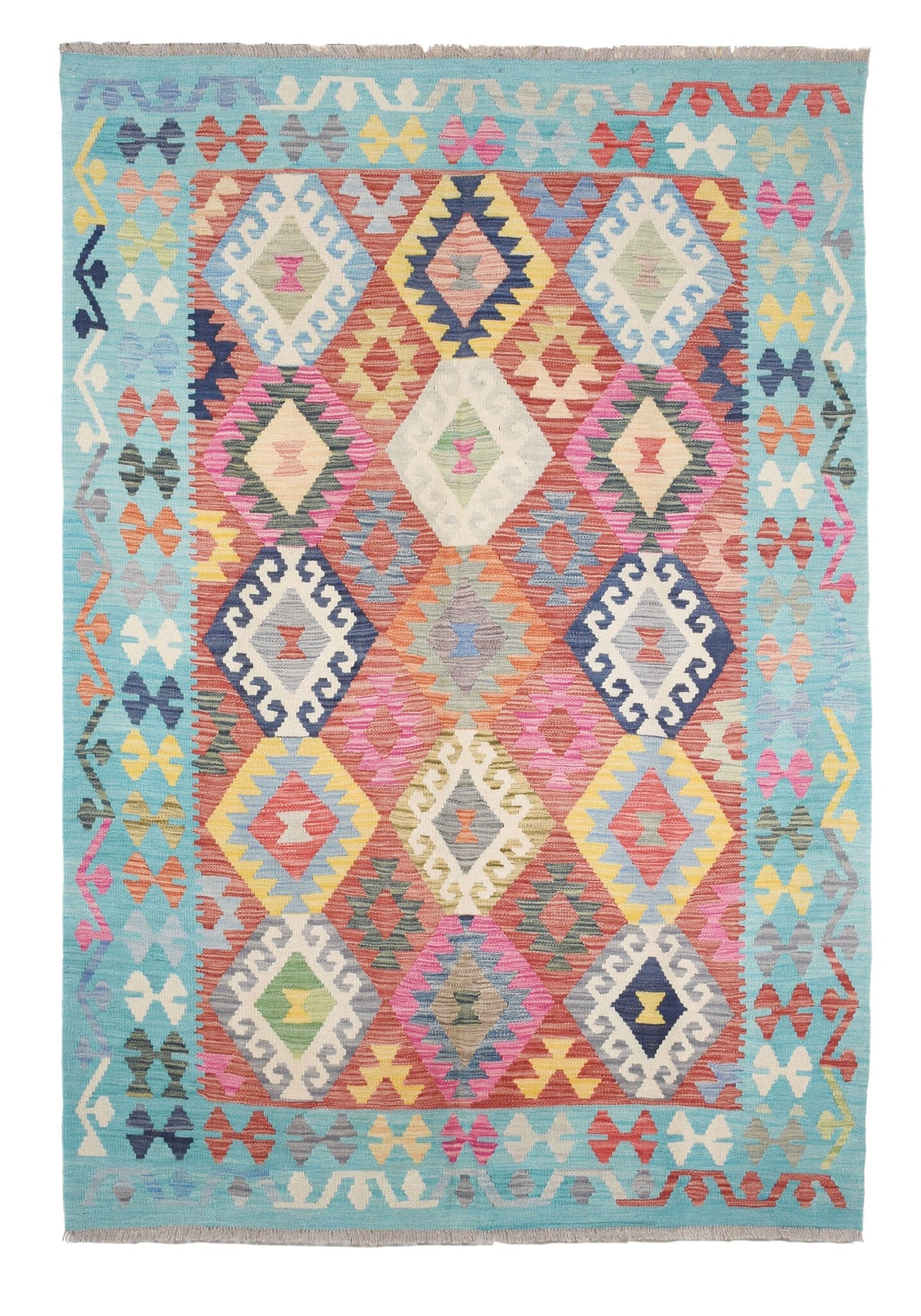 Turquoise Colorful Diamond Kilim Rug, 246 × 171 cm — full view