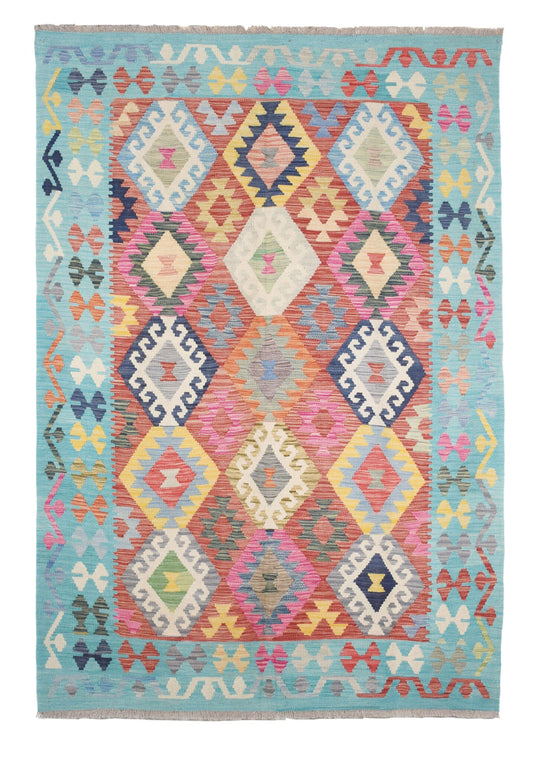 Türkiser Kelim Teppich mit bunten Rauten, 246 × 171 cm, KT-30193 – Gesamtansicht