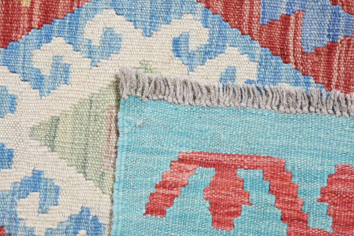 Turquoise Colorful Diamond Kilim Rug, 246 × 171 cm — view 3