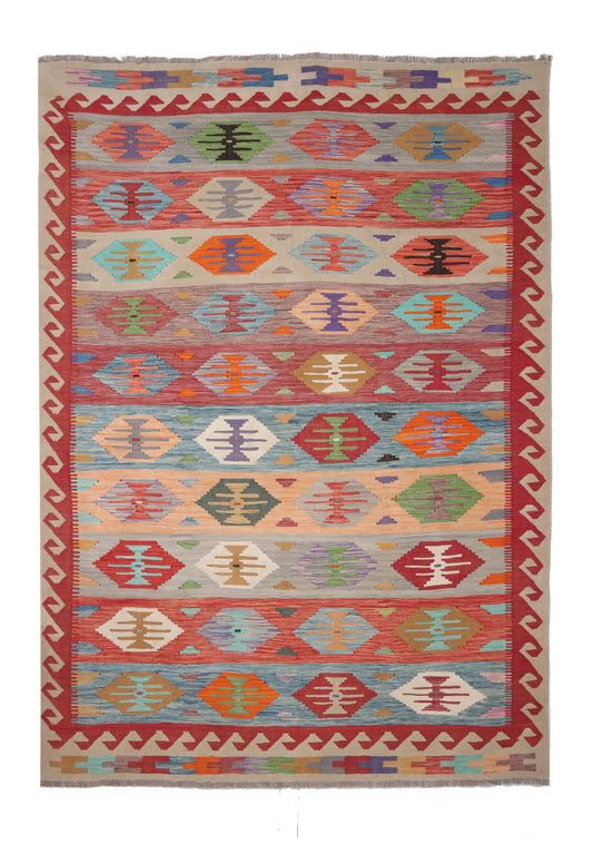 Kelim Teppich mit roten Streifen und Medaillons, 250 × 175 cm, KT-30446 – Gesamtansicht
